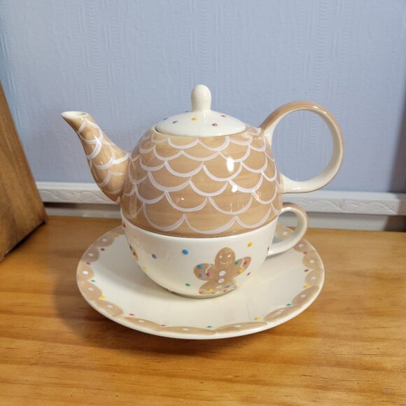 Le Gourmet Chef Tea For One Gingerbread Man Tea Pot Cup Saucer Set - Picture 1 of 9